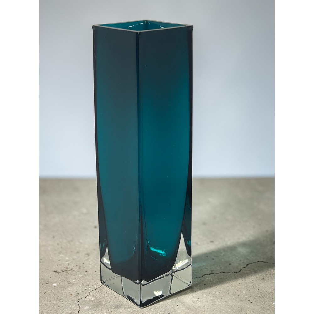 Modern Teal Sommerso Glass Vase Square Green Bud Vase‎ 8 Inch Heavy Clear Base
